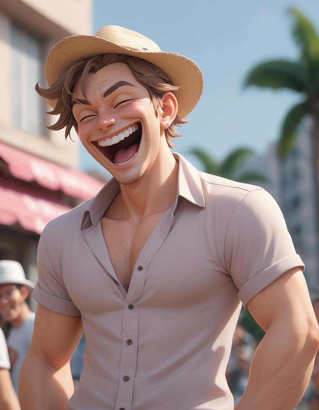 anime niji illustration ,  laughing uncontrollably super funny ,  + / A beefy light brown haired man on vacation enjoying...