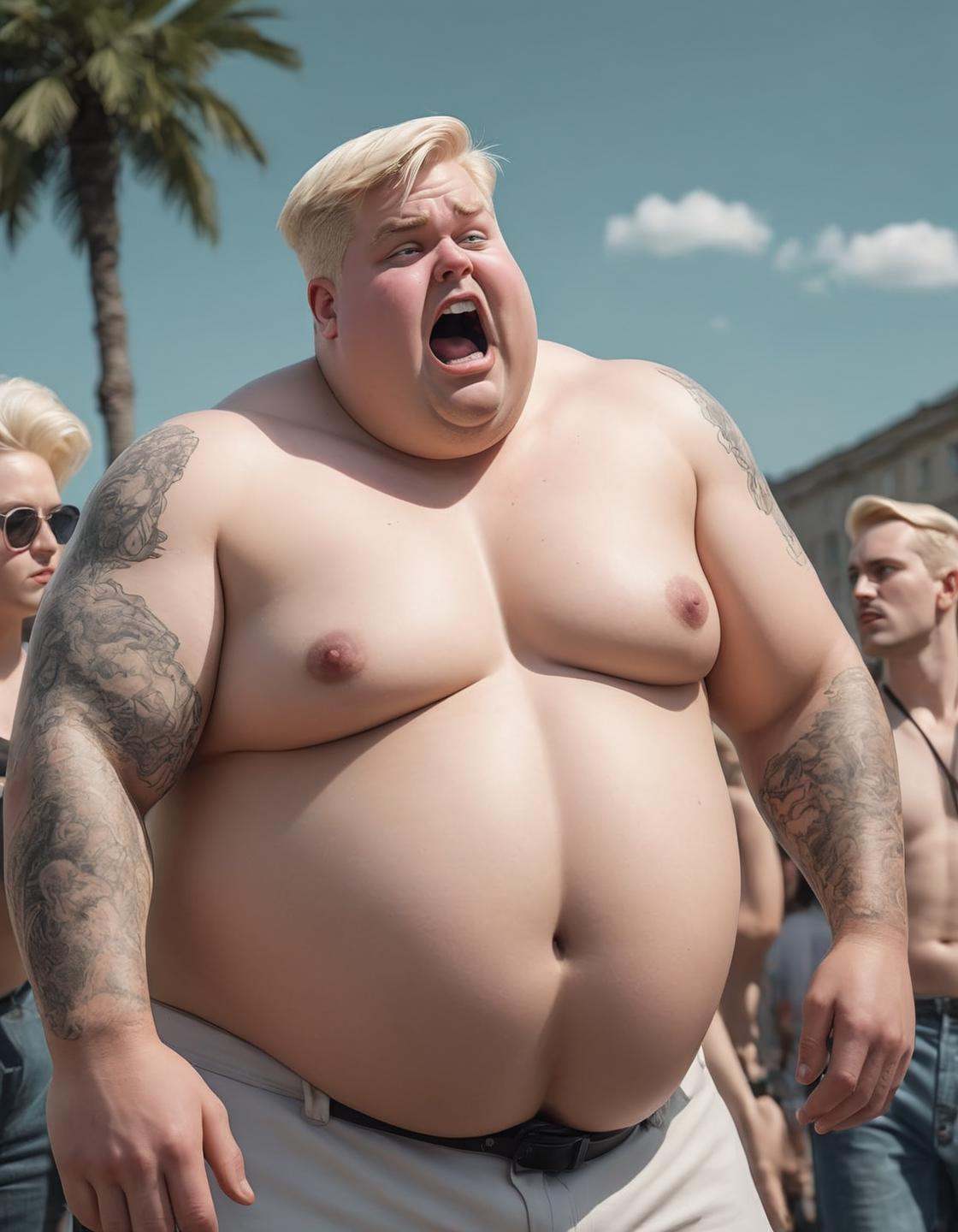 Classic Comic Style inked lines Cell Shading CCA approved ,  a look of shock ,  + / A obese blonde haired man on vacation...