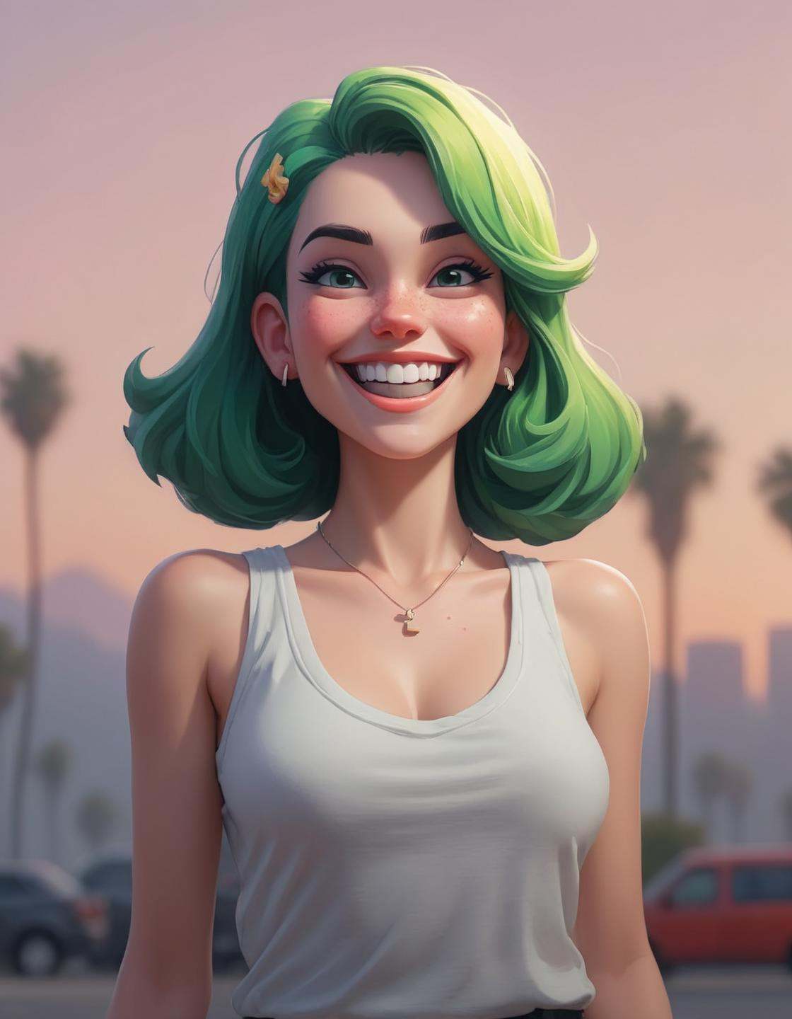 Pixel Art pixelated pixel pixel ,  extremely content happy smile ,  + / A fit green haired woman on vacation enjoying the...
