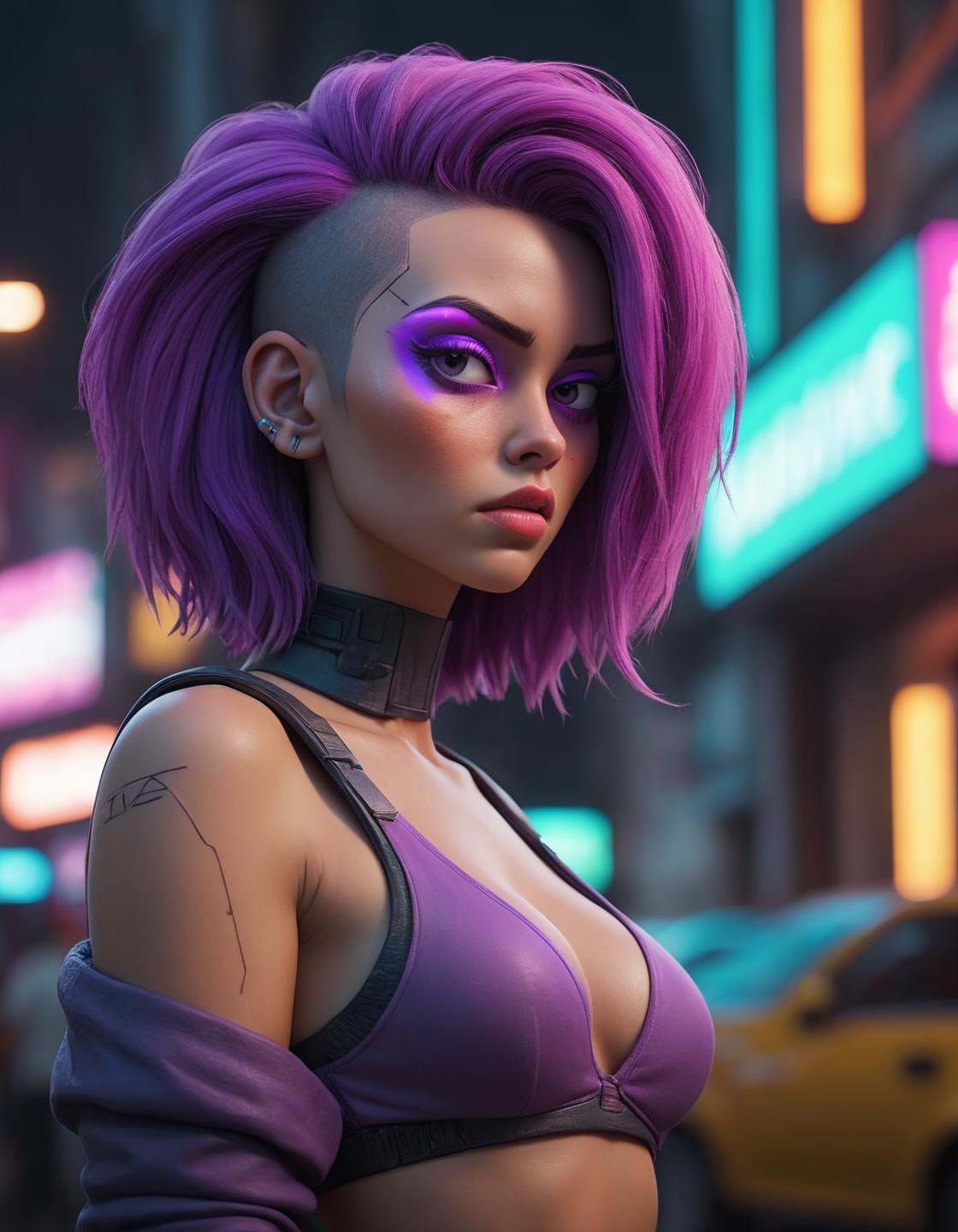 futuristic Neon cyberpunk synthwave cybernetic ,  a look of severe determination ,  + / A fat purple haired woman on vacat...