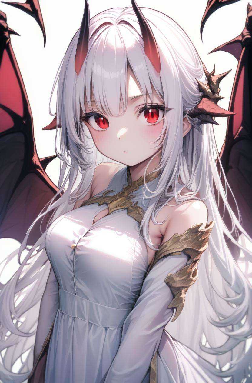 1girl, long hair, white hair, red eyes, dragon horns, long hair, dress, wings, 