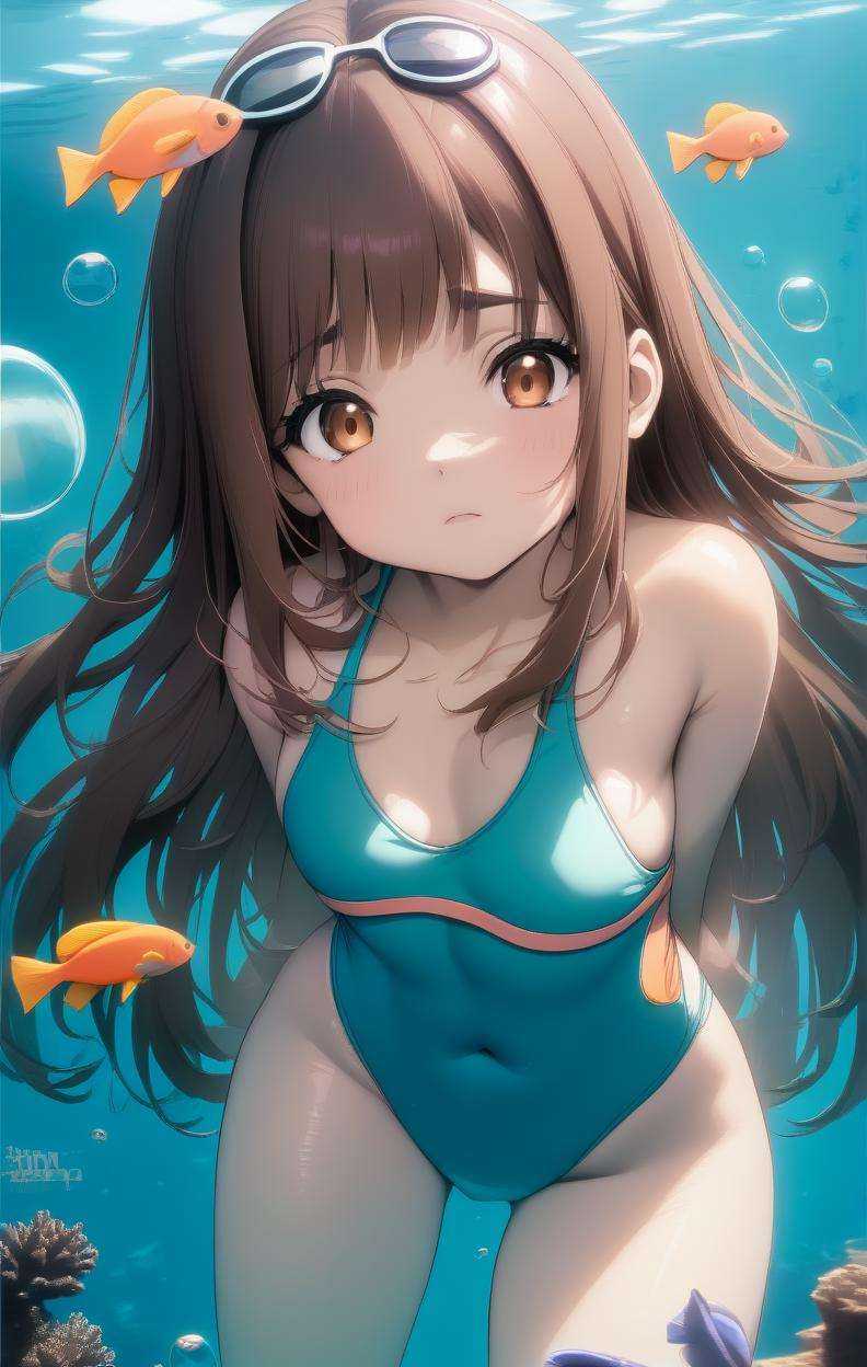 1girl, brown hair, brown eyes, long hair, underwater, air bubble, swimsuit, swimming, fish, coral, 