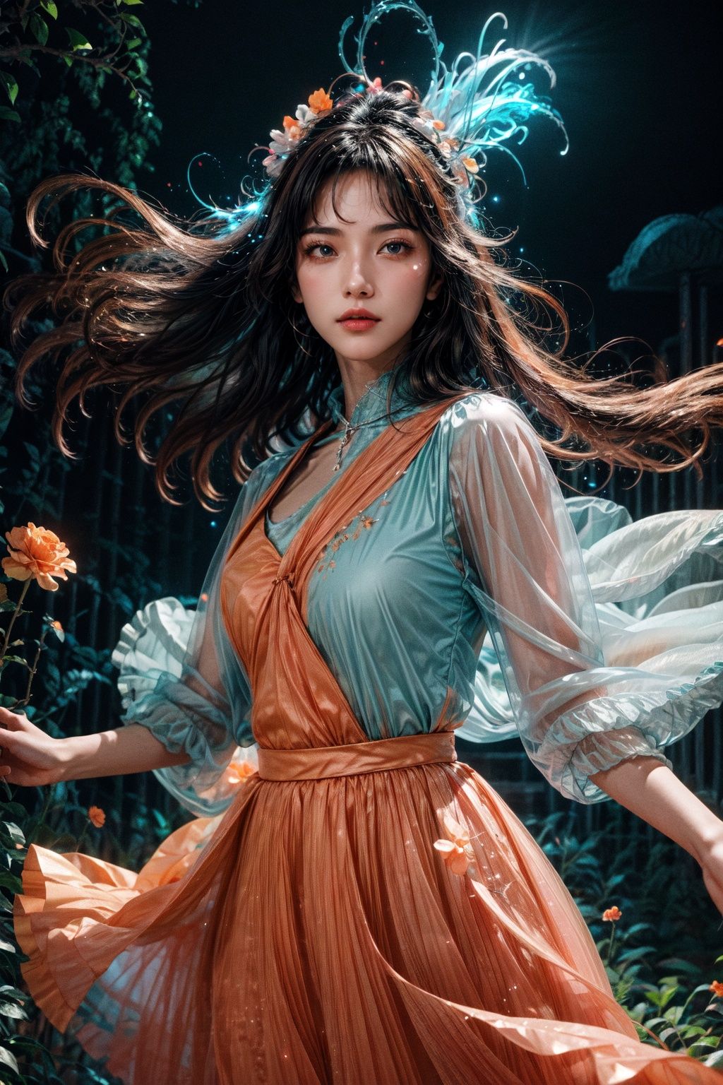 Movie stills, 1 girl, flowing hair, (glowing dress), colorful pleated skirt, running in the flowers, dreamy scenes, exquisite facial features, extremely beautiful face, clear details, soft lighting background, light particles, blue and orange lighting, masterpiece, best quality,upper_body