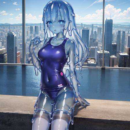 (masterpiece,bebackgroundst quality,ultra-detailed,best illustration:1.2),1girl,(transparent and see-through slime girl:1.3),(transparent:1.4),(see-through:1.3),beautiful detailed face,swimsuit,white thighhighs, sunny,blue sky,cityscape,<lora:slimegirl11:0.6>,<lora:slimegirl16:0.5>