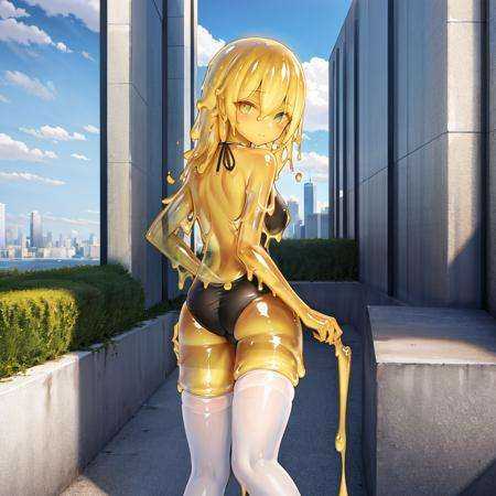 (masterpiece,bebackgroundst quality,ultra-detailed,best illustration:1.2),1girl,(slime girl:1.4),(transparent:1.4),(see-through:1.3)closed mouth,beautiful detailed face eyes,(yellow skin),swimsuit,white thighhighs, sunny,blue sky,outdoors,cityscape,<lora:slimegirl11:0.6>,<lora:slimegirl16:0.5>, <lora:koreanDollLikenesss_v10:0.3>