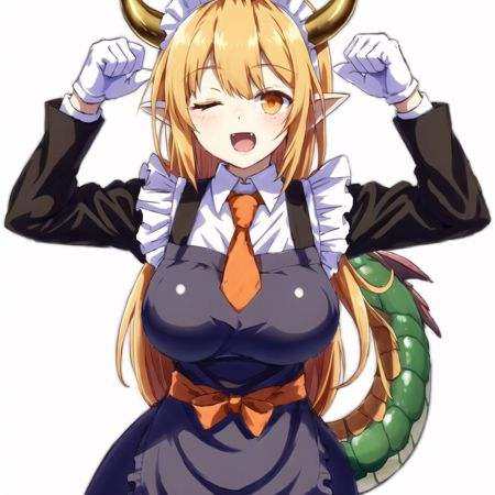 <lora:dragongirl-1_dragongirl-2__dragongirl-3_dragongirl-4--retro_ham_avas_jun_rifl--09-01:1.2>, (dragon girl:1.2), dragon horns, tail,1girl, apron, bangs, blonde hair, breasts, dragon girl, dragon horns, dragon tail, gloves, horns, large breasts, looking at viewer, maid, maid headdress, necktie, one eye closed, open mouth, orange eyes, shirabe shiki, shrugging, simple background, solo, tail, white background
