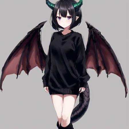 <lora:dragongirl-1_dragongirl-2__dragongirl-3_dragongirl-4--retro_ham_avas_jun_rifl--09-01:1.0>, (dragon girl:1.0), dragon horns, (dragon tail:1.0), dragon wings,(full body:1.0),masterpiece, best quality, 1girl, solo, black eyes, black hair, black sweater, bob cut, closed mouth, medium hair, simple background