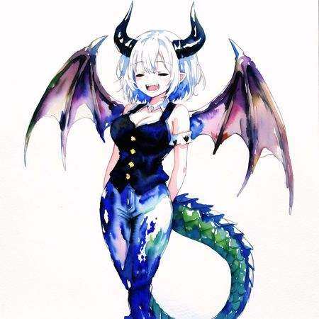 <lora:dragongirl-1_dragongirl-2__dragongirl-3_dragongirl-4--retro_ham_avas_jun_rifl--09-01:1.0>, (dragon girl:1.0), dragon horns, (dragon tail:1.2), dragon wings,(full body:1.0),1girl, arms under breasts, black horns, buttons, closed eyes, demon girl, horns, limited palette, open mouth, painting \(medium\), sharp teeth, short hair, smile, teeth, traditional media, watercolor \(medium\), white background, white hair