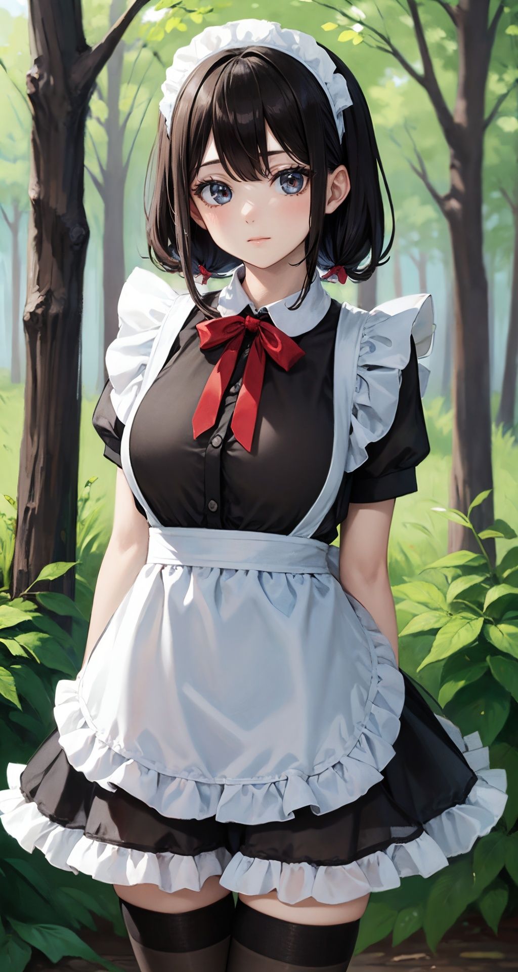 best quality,8k,ultra high res,soft light,cowboy_shot,standing,1girl,solo,black hair,twintails,short hair,huge breasts,maid,maid apron,bow,white apron,red ribbon,puffy sleeves,black dress,frilled dress,frilled apron,black_thighhighs,looking at viewer,arms at sides,closed mouth,(see-through:1.2),outdoors,(The background is in the primitive forest:1.2),<lora:maiduniform_styleA1:0.8>,