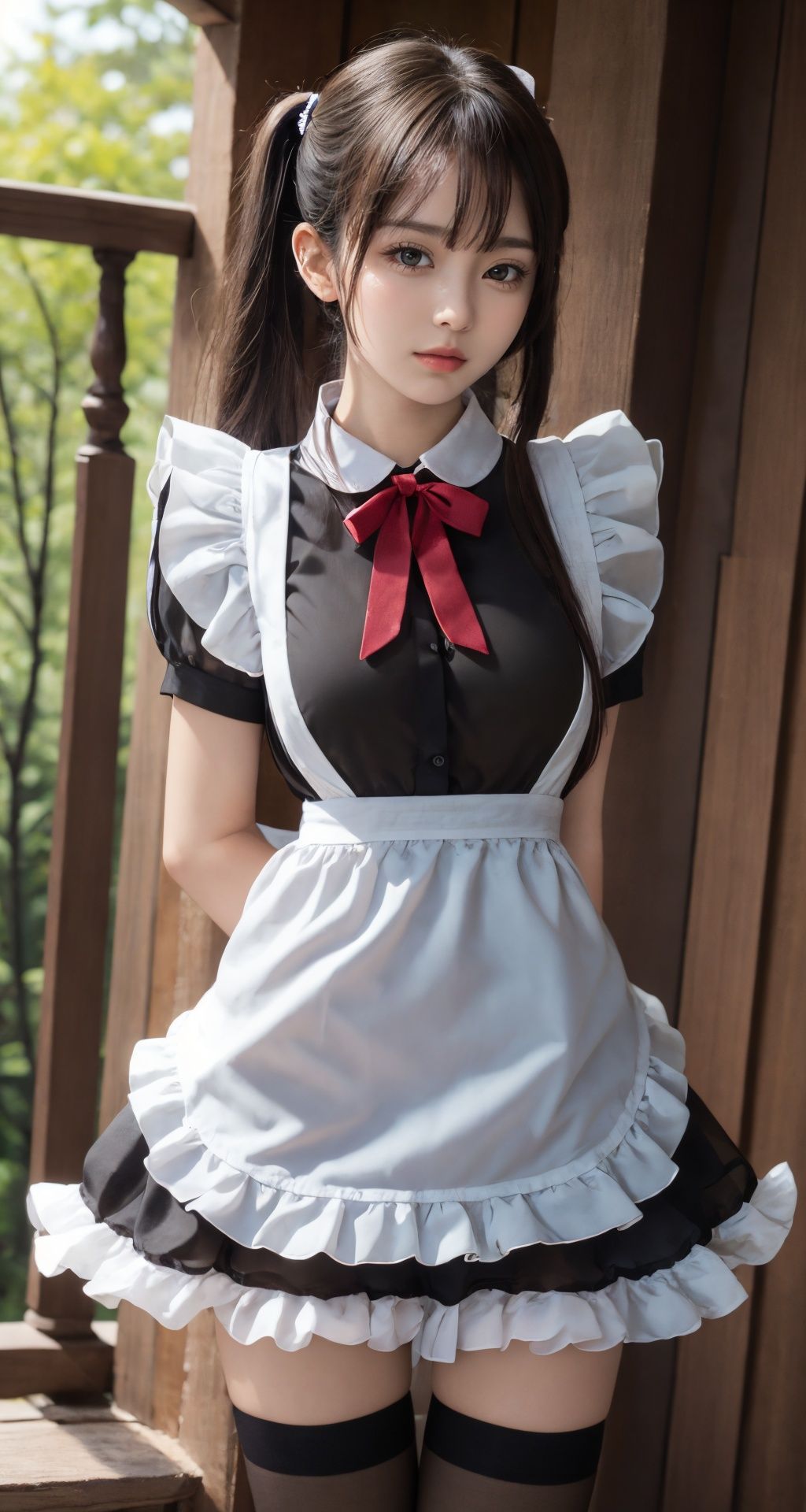 best quality,8k,ultra high res,soft light,cowboy_shot,front view,1girl,solo,black hair,twintails,short hair,huge breasts,maid,maid apron,bow,white apron,red ribbon,puffy sleeves,black dress,frilled dress,frilled apron,black_thighhighs,looking at viewer,arms at sides,closed mouth,(see-through:1.2),outdoors,(The background is in the primitive forest:1.2),<lora:maiduniform_styleA1:0.9>,
