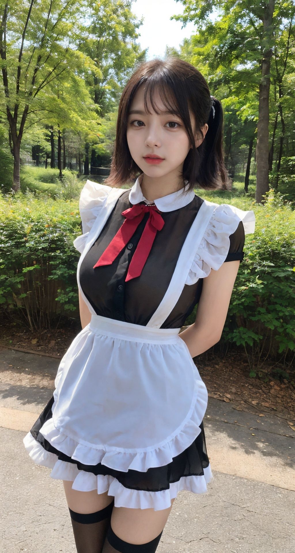 best quality,8k,ultra high res,soft light,cowboy_shot,front view,1girl,solo,black hair,twintails,short hair,curvy,huge breasts,maid,maid apron,bow,white apron,red ribbon,puffy sleeves,black dress,frilled dress,frilled apron,black_thighhighs,looking at viewer,arms at sides,closed mouth,(see-through:1.2),outdoors,(The background is in the primitive forest:1.2),<lora:maiduniform_styleA1:0.8>,