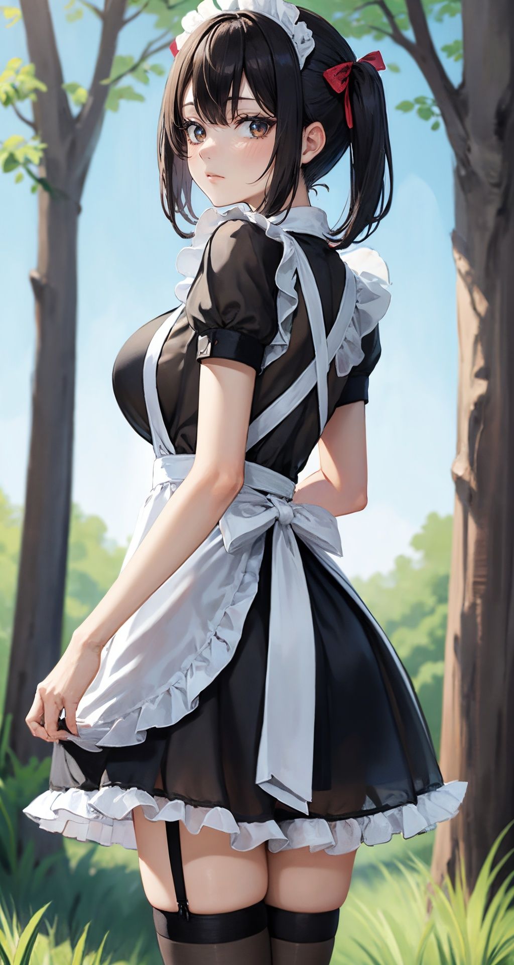 best quality,8k,ultra high res,soft light,cowboy_shot,from behind,from_back,1girl,solo,black hair,twintails,short hair,huge breasts,maid,maid apron,bow,white apron,red ribbon,puffy sleeves,black dress,frilled dress,ass,frilled apron,black_thighhighs,looking at viewer,arms at sides,closed mouth,(see-through:1.2),outdoors,(The background is in the primitive forest:1.2),<lora:maiduniform_styleA1:0.8>,