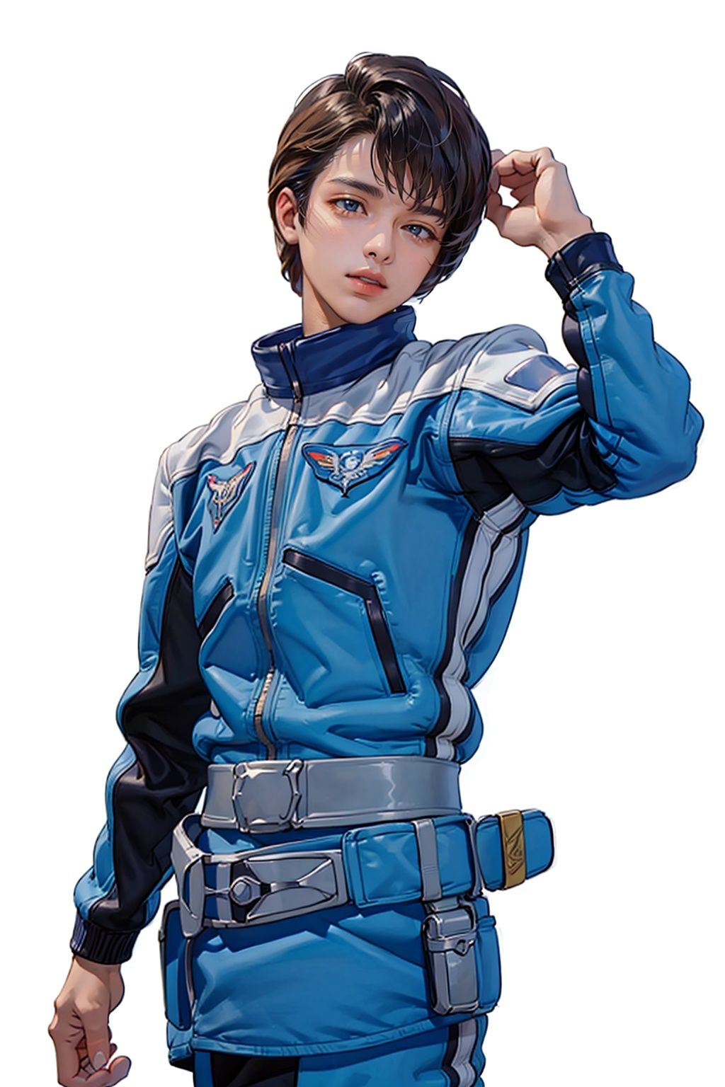 (masterpiece:1.3),  (the best quality:1.2),  (super fine illustrations:1.2),  (Masterpiece),  high quality,  high detail, ((white background:1.2)),  looking at viewer,  (SOLO:1.4), outline, , simple background, 
,logo, blue jacket, military uniform, uniform, jacket