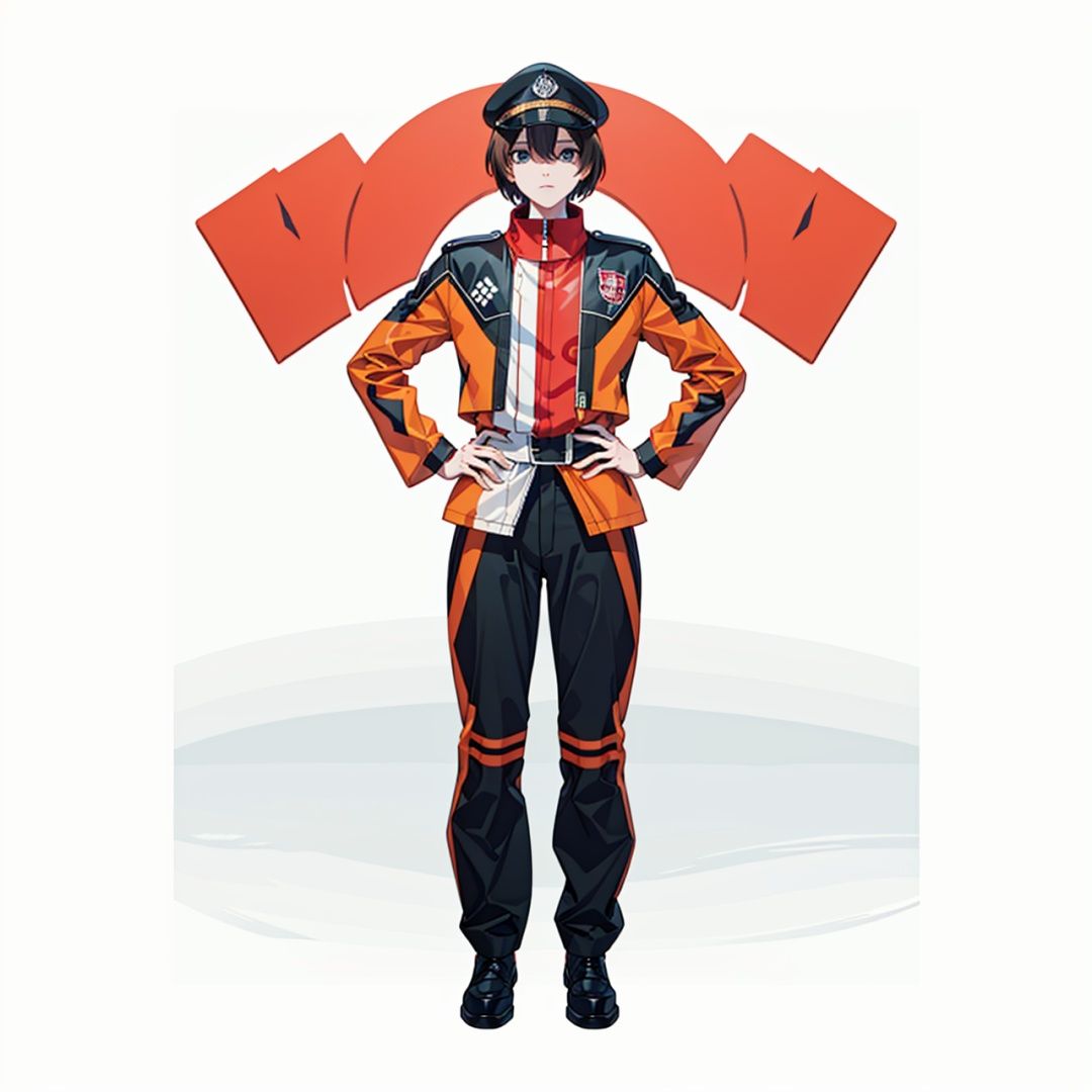 (masterpiece:1.3), (the best quality:1.2), (super fine illustrations:1.2), (Masterpiece), high quality, high detail,((white background:1.2)), looking at viewer, (SOLO:1.4),outline,,simple background,logo,uniform,military uniform,emblem,black pants,black footwear,pants,belt,zipper,jacket