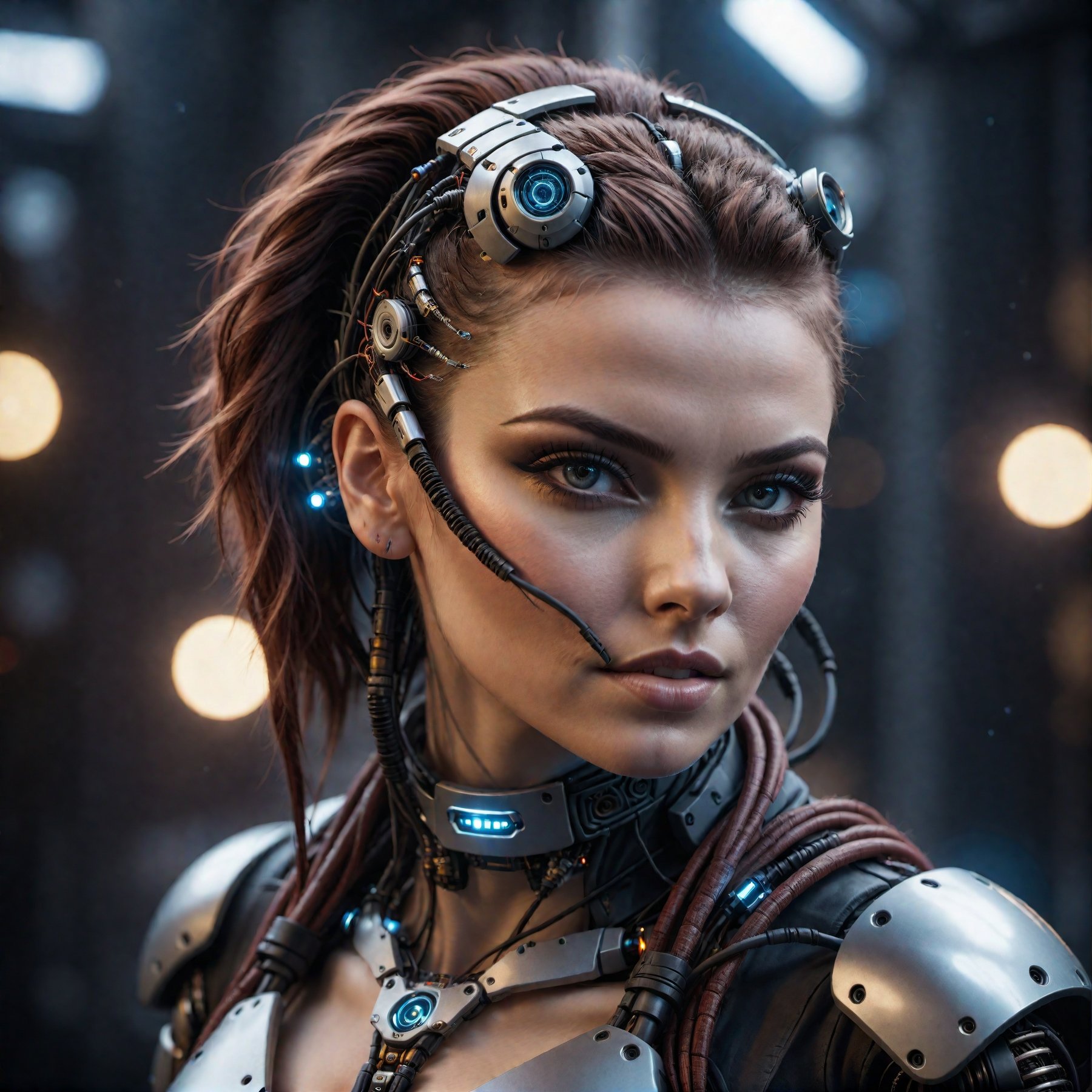 cinematic photo detailed closeup portraid of a Beautiful cyberpunk woman,  robotic parts,  cables on Tensor.Art