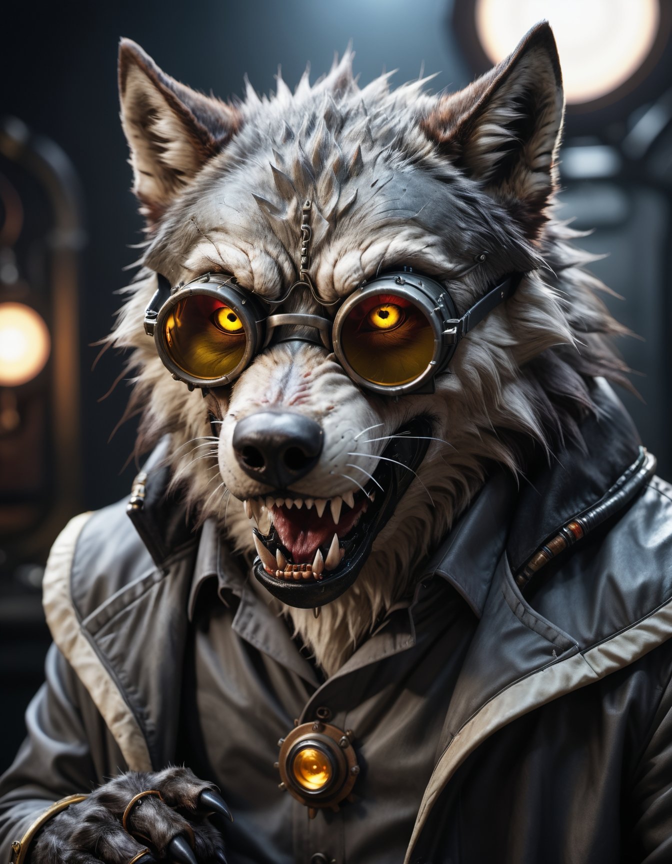 Hyperrealistic art detailed photo of a evil scientist,  wolf,  fangs on Tensor.Art