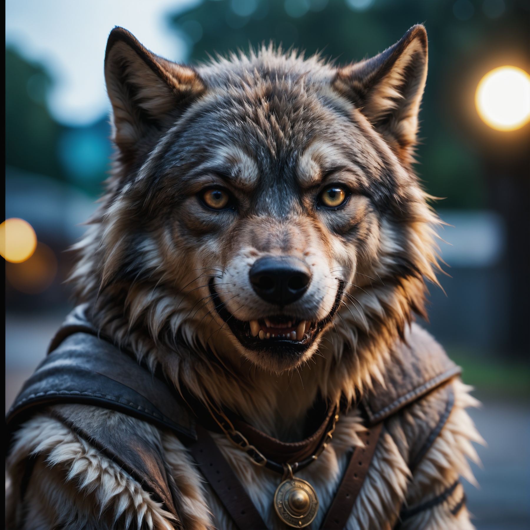face portrait from a antro furry wolf male with visible fangs RAW candid cinema,  16mm,  color graded portra 400 film on T...