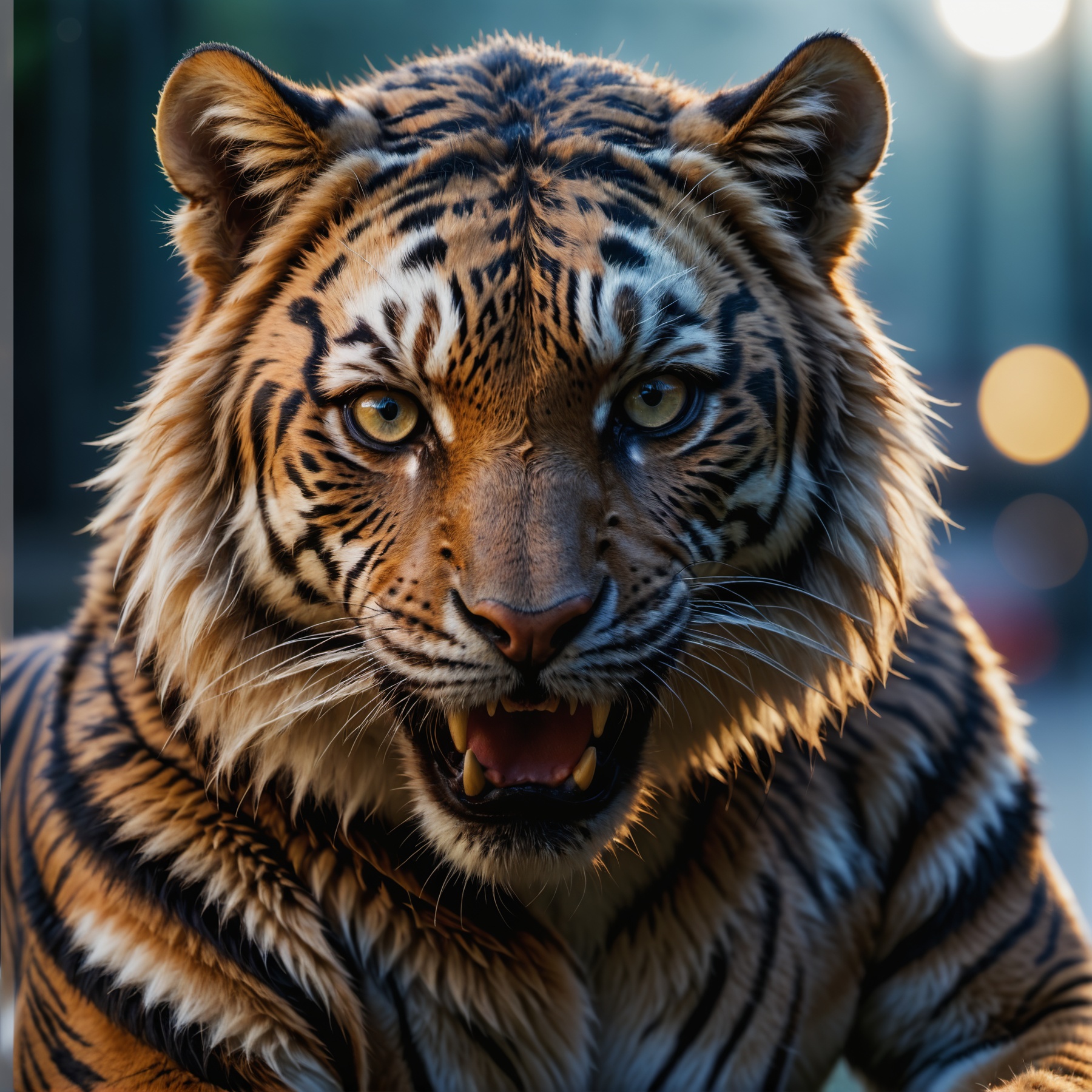 face portrait from a antro furry tiger male with visible fangs RAW candid cinema,  16mm,  color graded portra 400 film on...