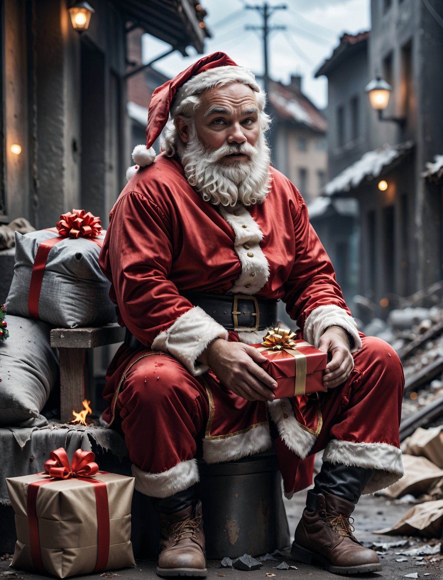 cinematic photo sad santa Santa Claus deliver his last gift on the last day on earth,  sitting,  dirty cloth on Tensor.Art