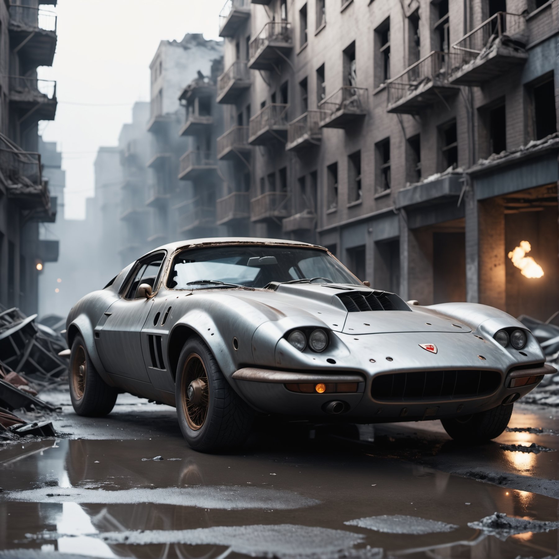 cinematic film still an futuristic cyberpunk,  dieselpunk sports car in a destroyed city after an nuclear blast . shallow...