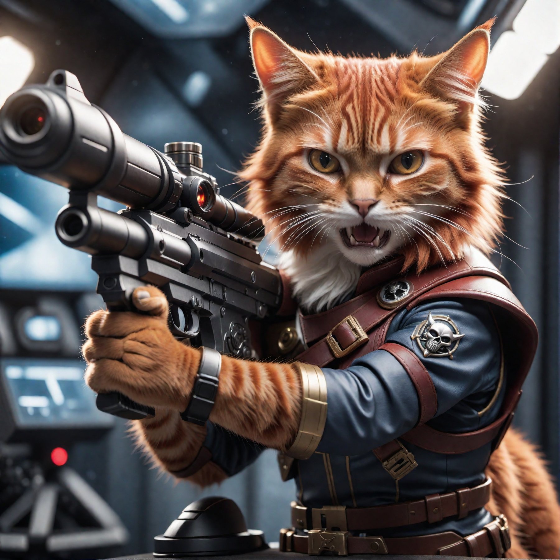 cinematic photo a detailed award winning photo,  cute red haired cat space pirate on his spaceship ,  realistic fur on Ten...