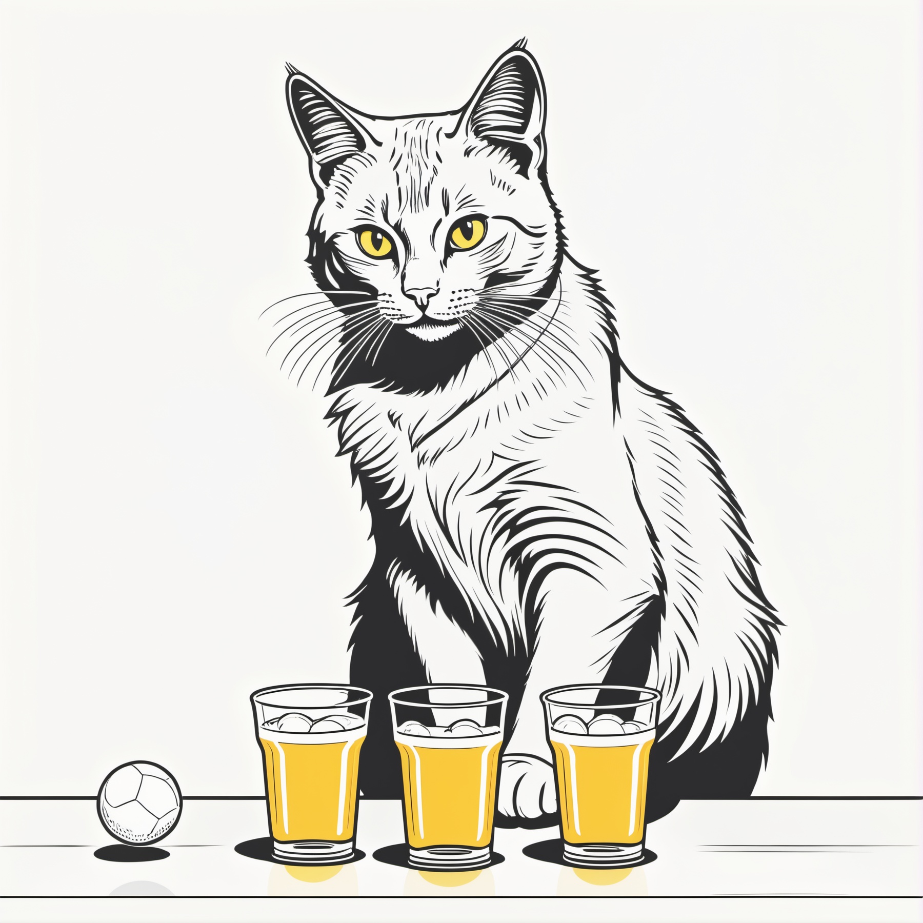 line art drawing impressionistic portrait artwork of a cat playing beer pong drunken state . professional,  sleek,  modern...