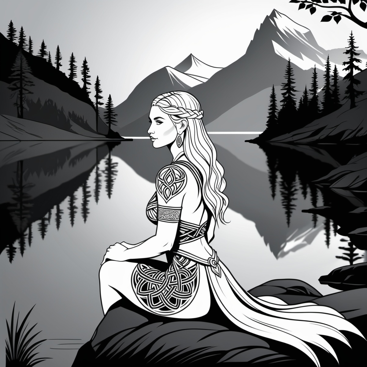 line art drawing a old norse tribal artwork of an Beautiful woman sitting near a lake,  norse knotwork . professional,  sl...