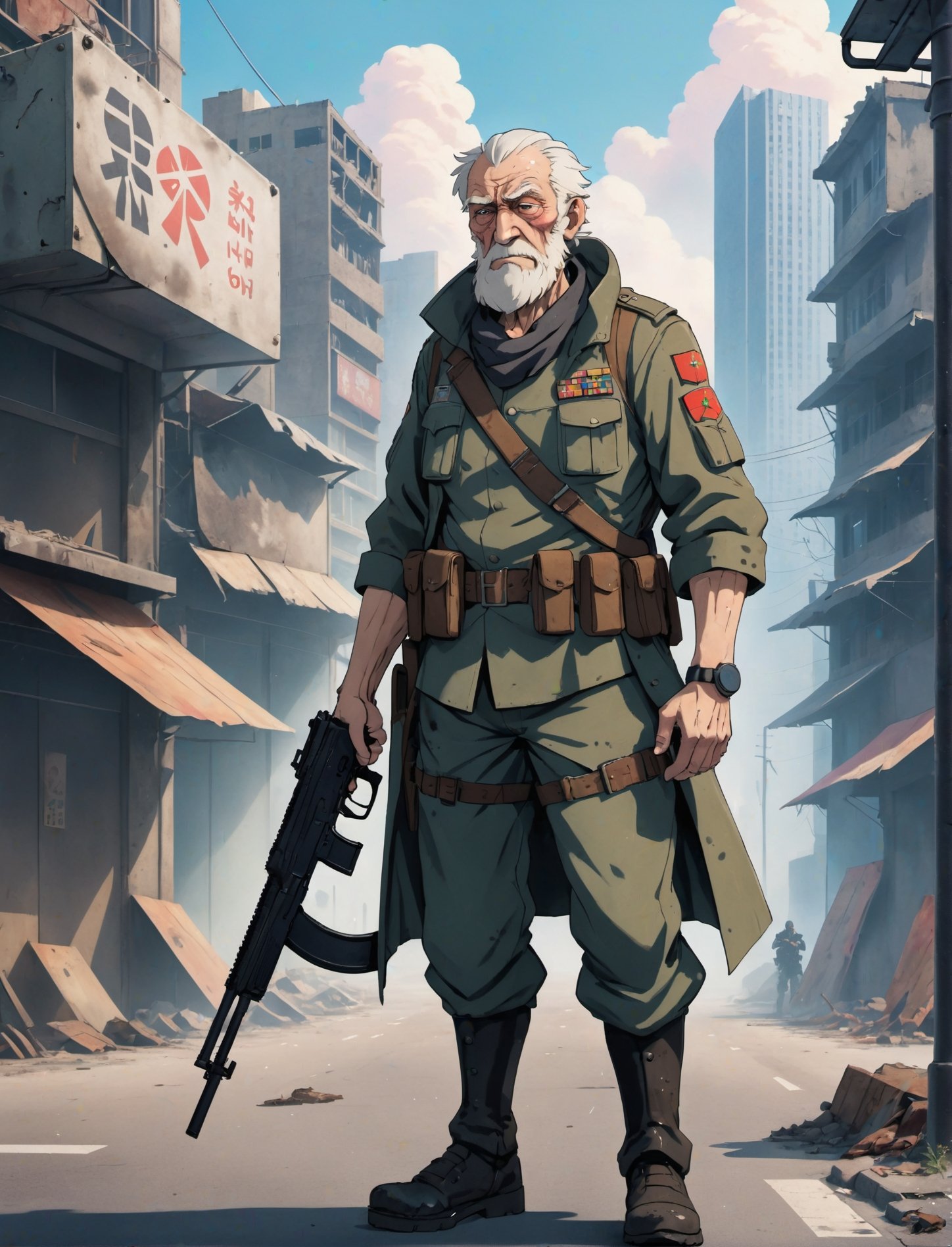 anime artwork a sad old man is standing on a street in a post apocalyptic city he is wearing a soldier outfit and holding...
