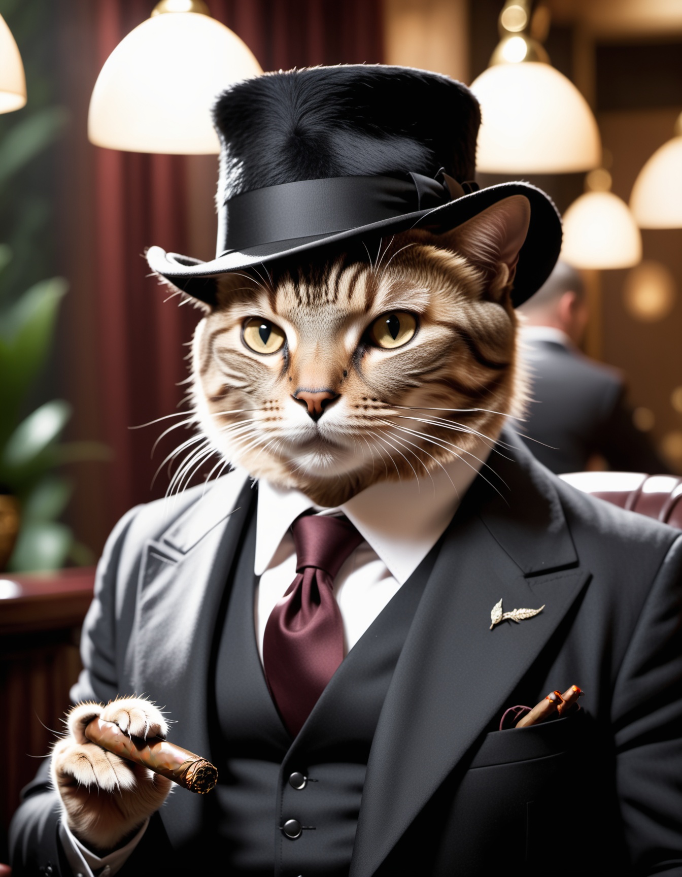 cinematic film still ((BBC Style)) picture of an cat mobster in (wildlife) ,  smoking his cigar . shallow depth of field,...
