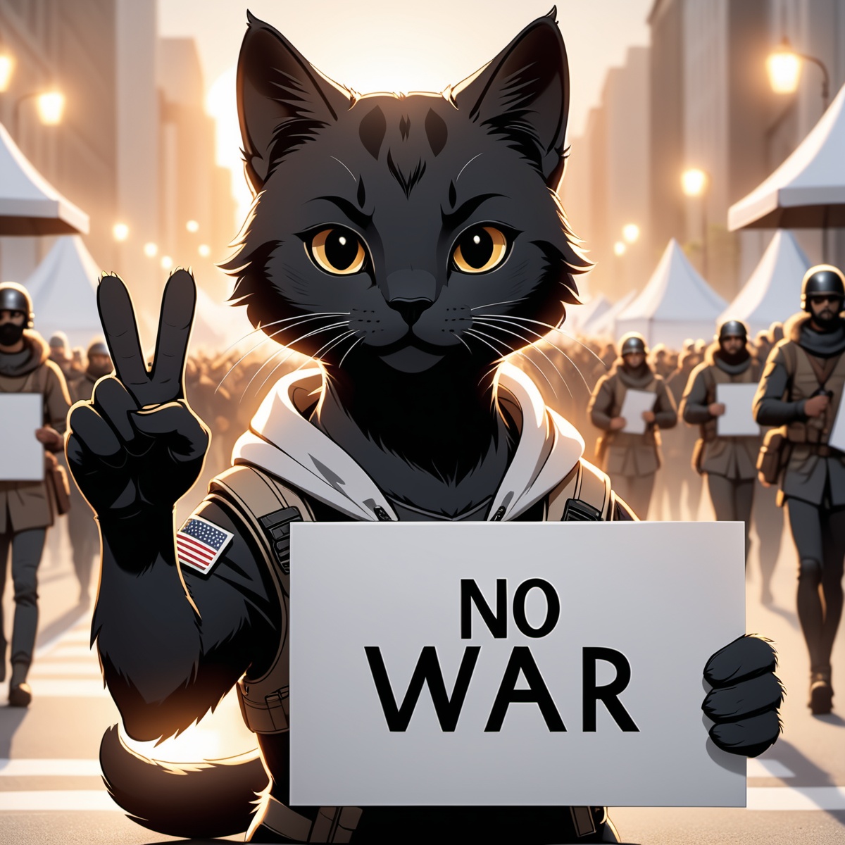 line art drawing cinematic film still a activist cat rally,  protesting against war,  making a peace sign on Tensor.Art