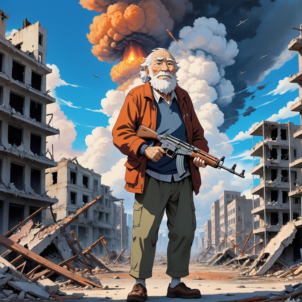 of an old man holding a ak47 in a destroyed city after a nuclear blast,  oil painting from studio ghibli film,  by noriyuk...