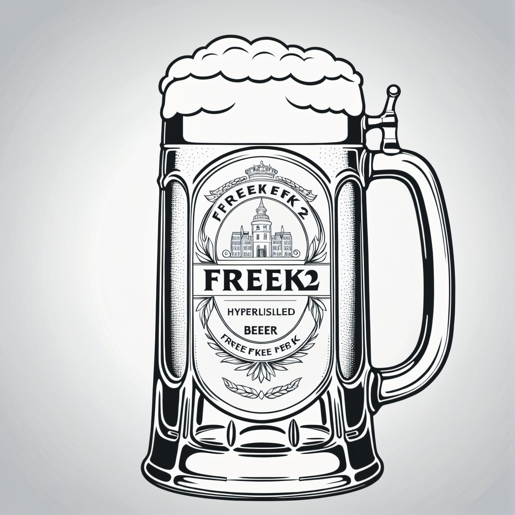 line art drawing artwork of a stein of beer hyperdetailed with the text "freek22" . professional,  sleek,  modern on Tenso...