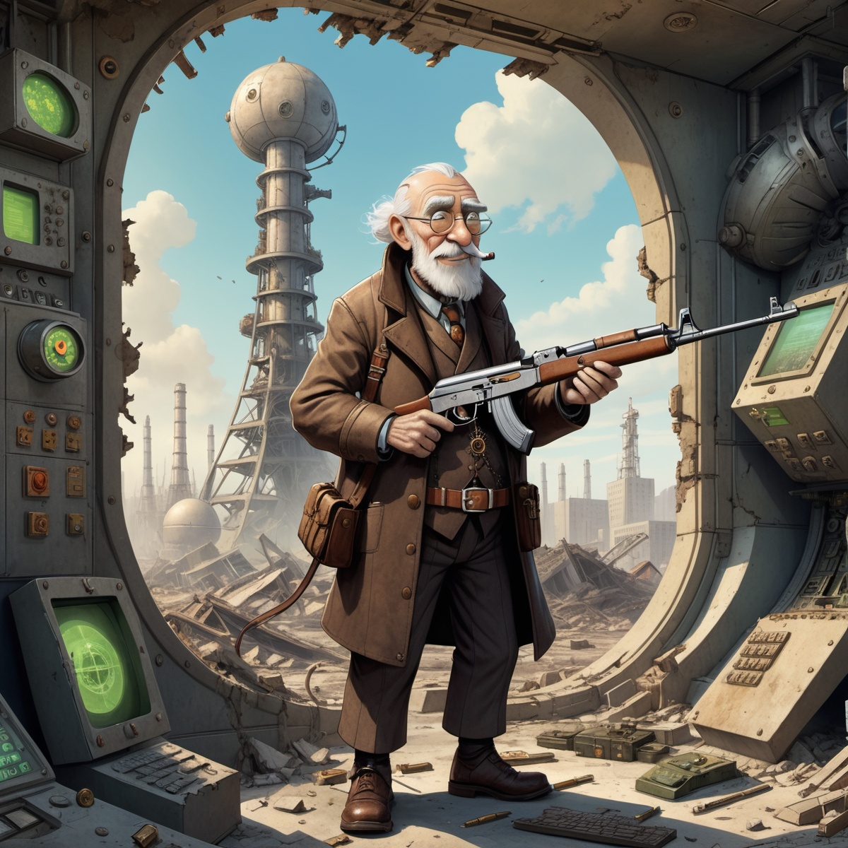 of an old man holding a ak47 in a destroyed city after a nuclear blast,  steampunk happy Funny cartoonish at a complex nuc...