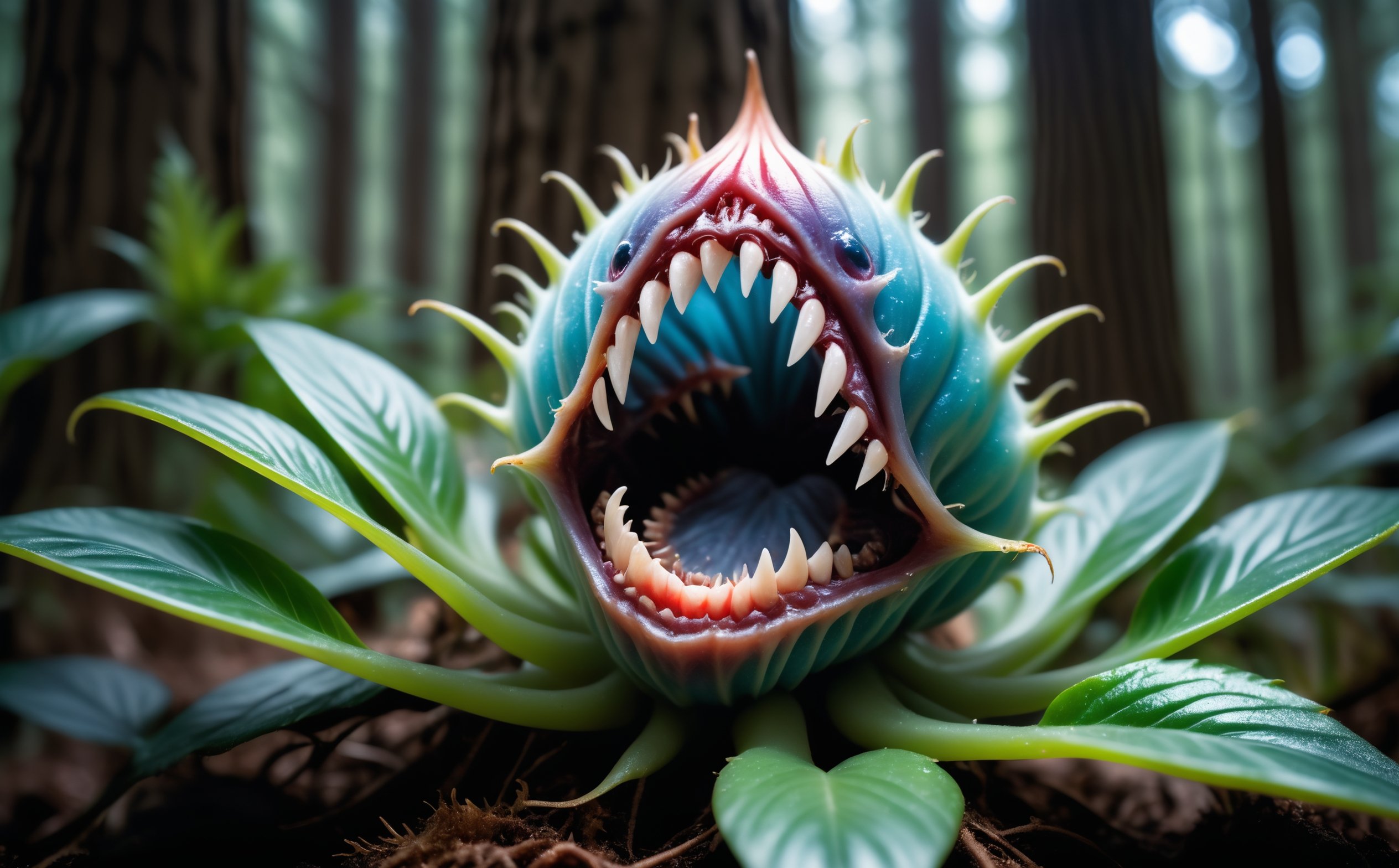 (macro photo),  a flesh eating plant with a ethereal complex colors with sharp teeth,  a mesmerizing bioluminescent forest...