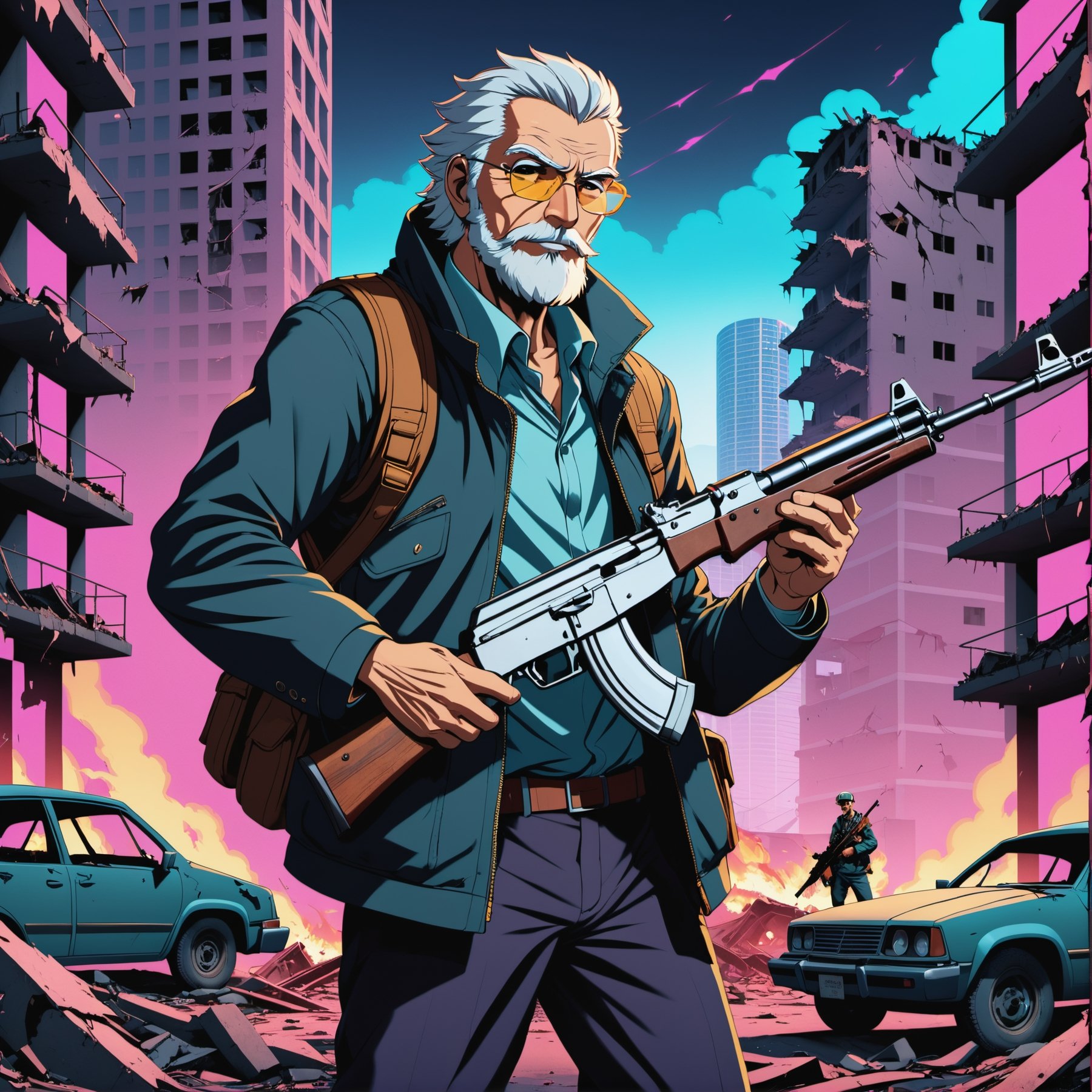 anime artwork Picture in ((neon noir style )) of an old man holding a ak47 in a destroyed city after a nuclear blast . ani...