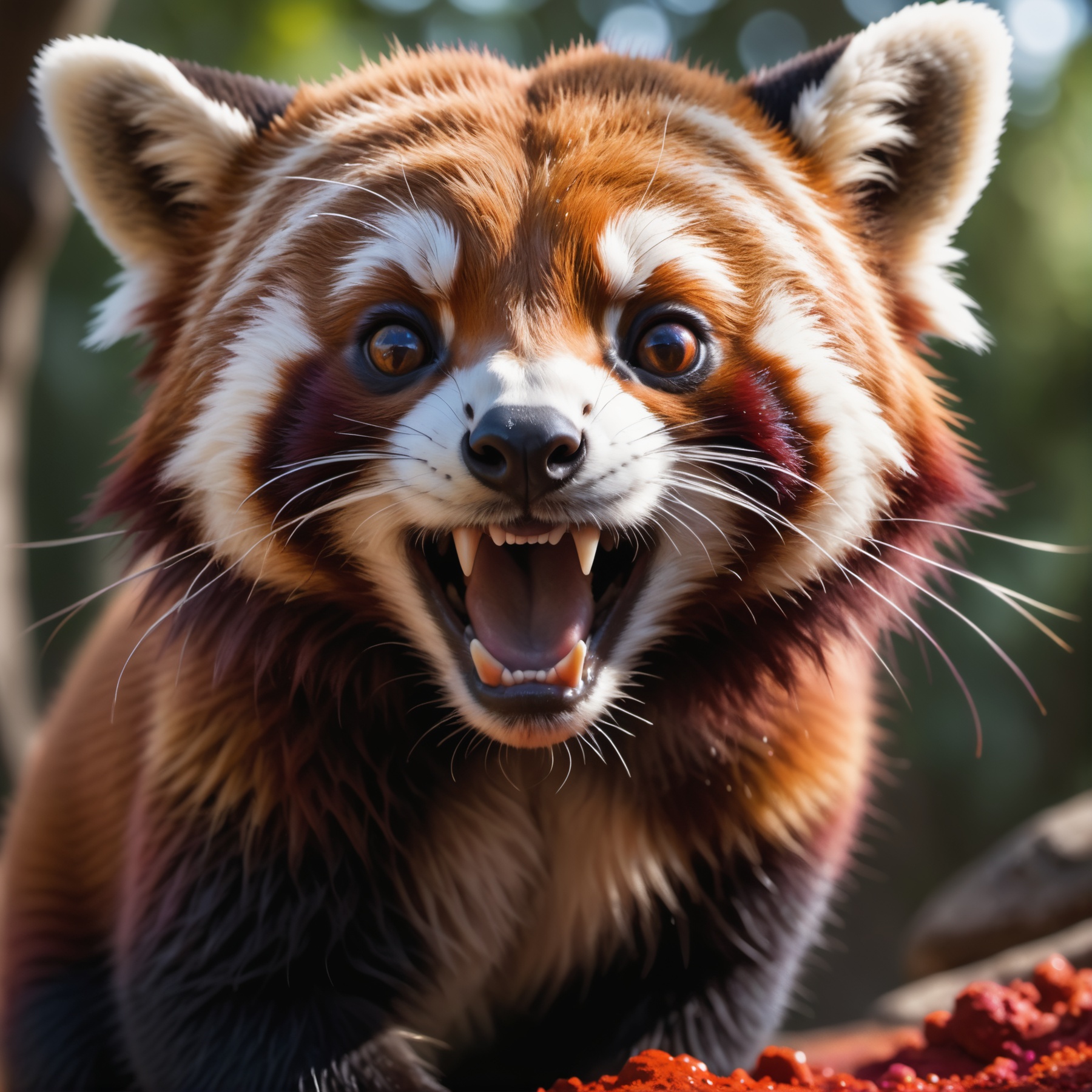 cinematic film still closeup of an detailed cute red panda,  fangs,  covered in holi colors . shallow depth of field on Te...