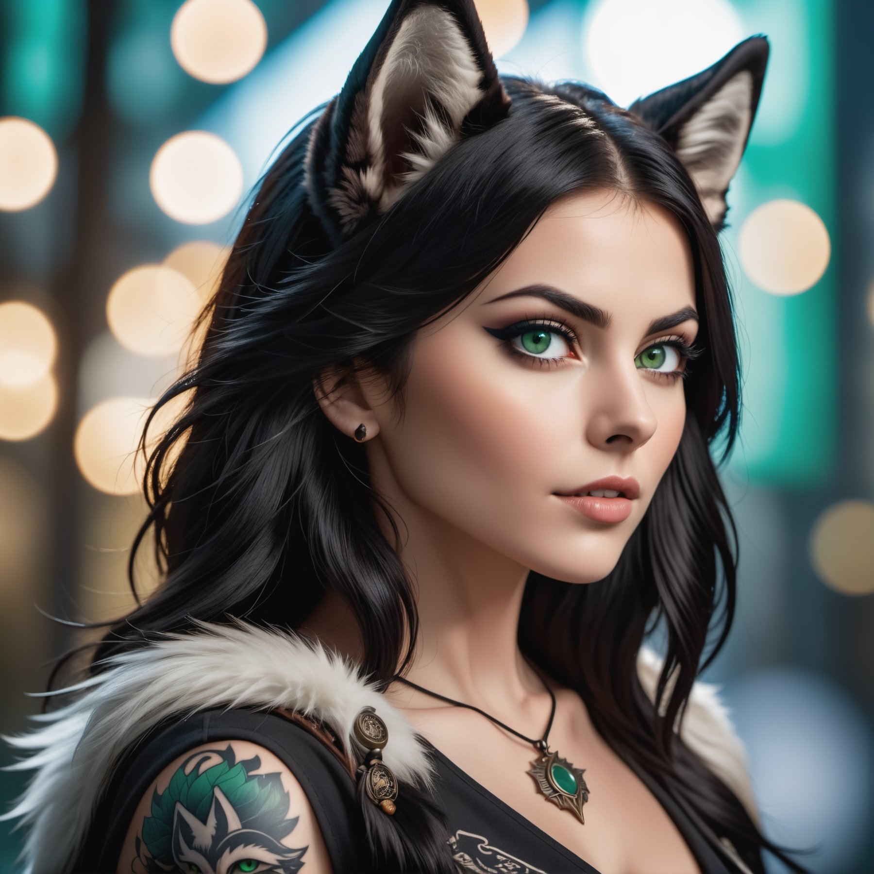 cinematic photo closeup face portrait of a black haired women with wolf ears ,  deep green eyes,  tatoo on her right jaw o...