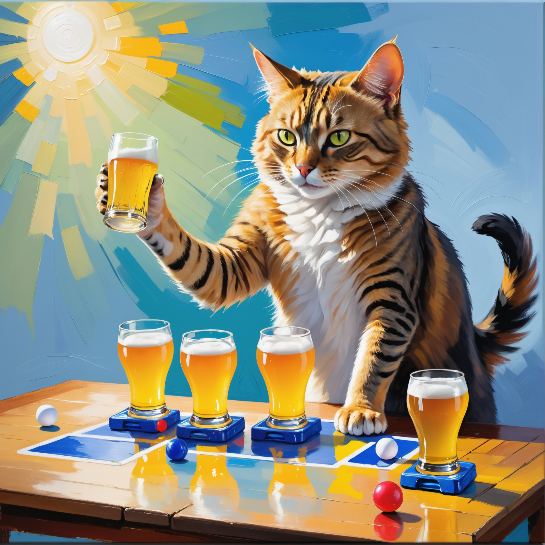 Impressionist painting impressionistic portrait artwork of a cat playing beer pong drunken state . Loose brushwork,  vibra...