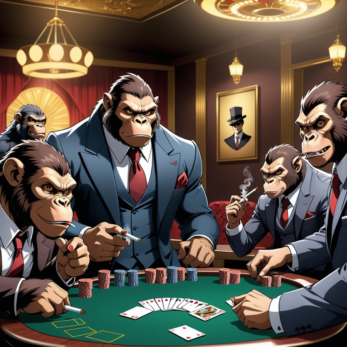 anime artwork some mobster apes playing cards and smoke cigarettes,  gangster casino room,  weapons on table on Tensor.Art