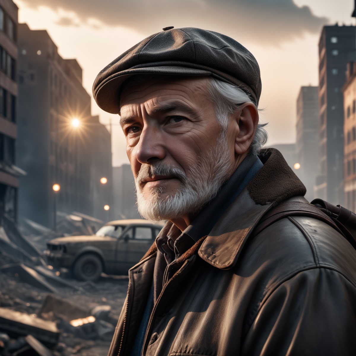 cinematic film still cinematic photo sad old man in a post apocalyptic destroyed city after nuclear blast,  newdawn,  clos...