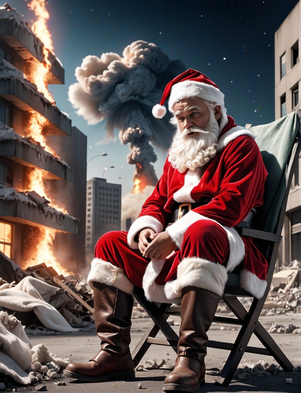 cinematic photo sad santa Santa Claus deliver his last gift on the last day on earth,  sitting,  dirty cloth on Tensor.Art