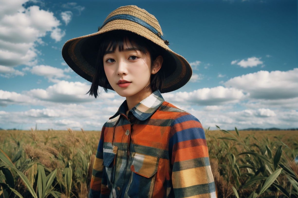 jiPortrait,1girl,field,striped shirt,sweater,hat,collared shirt,<lora:jiPortarit V1.0:0.9>,