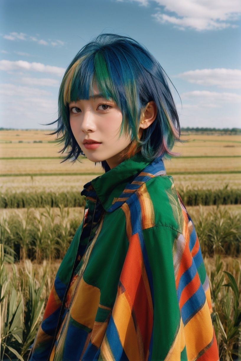 jiPortrait,1girl,multicolored hair,field,<lora:jiPortarit V1.0:0.9>,