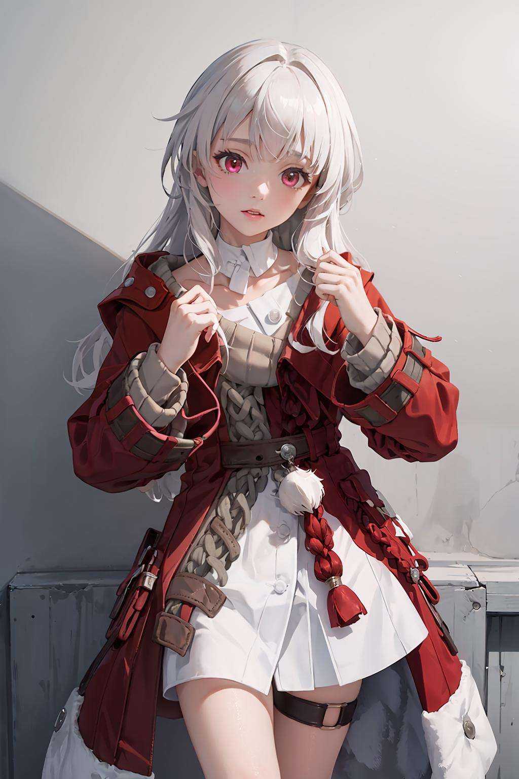 masterpiece, best quality,   <lora:klara:1>,1girl,white hair,long hair,red eyes,red coat,white shirt,long sleeves, dress,thigh strap,grey background, cowboy shot, 