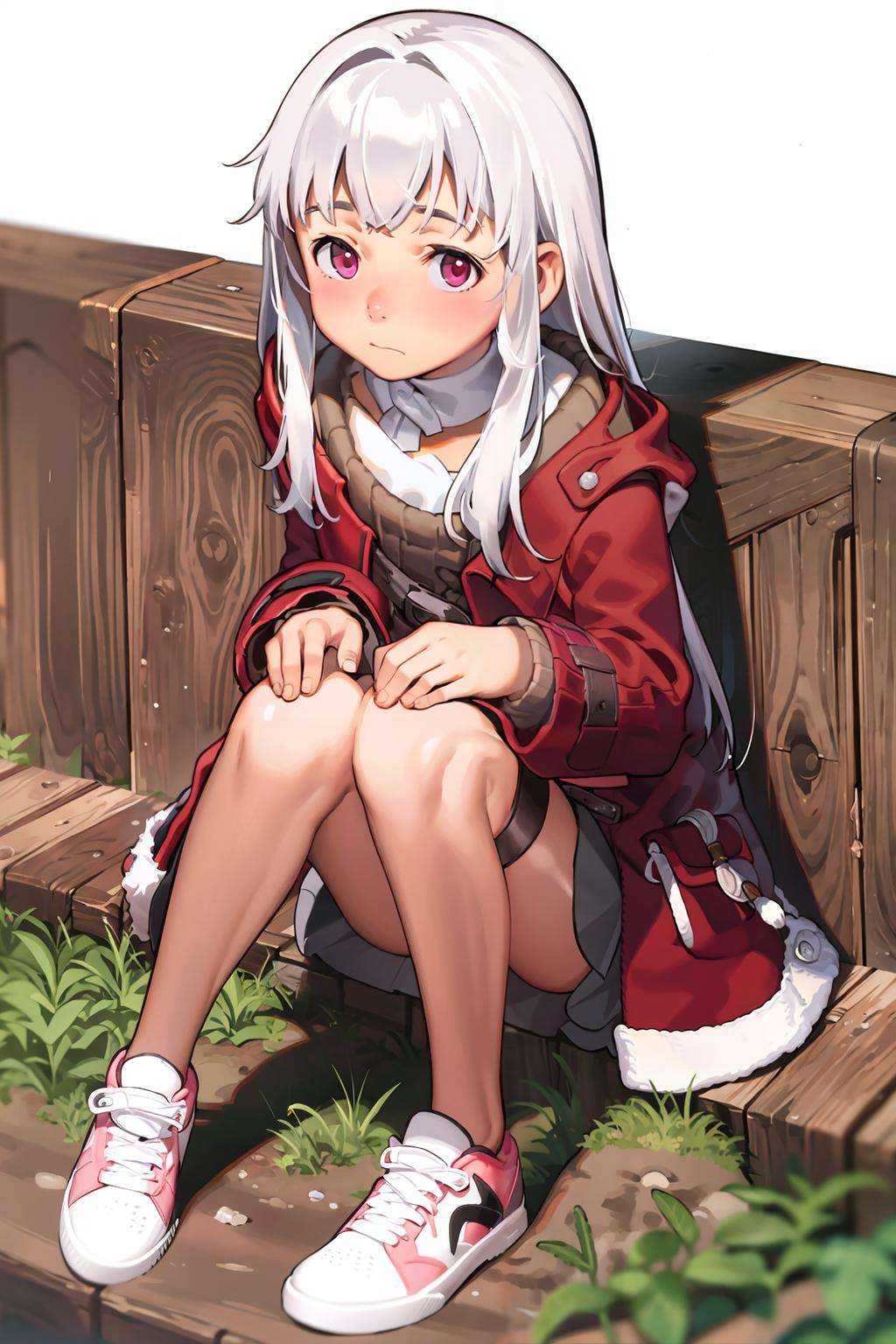 masterpiece, best quality,   <lora:klara:0.8>,<lora:comiclo:1>, 1girl, solo, long hair, sitting, skirt, looking at viewer, shoes, white skirt, long sleeves, knees up, white background, bangs, blush, purple eyes, closed mouth, very long hair, full body, pink eyes, collarbone, jacket, coat, grey hair, simple background, white hair, detached collar, thigh strap, pleated skirt
