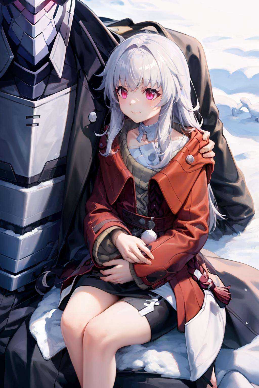 masterpiece, best quality,   <lora:klara:1>,klara, 1girl, barefoot, sitting, long hair, snowing, robot, 1boy, white hair, dress, red eyes, snow, bangs, mecha, long sleeves, smile, pink eyes, black pants, closed mouth, sitting on lap, bare shoulders, pants, jacket, blurry