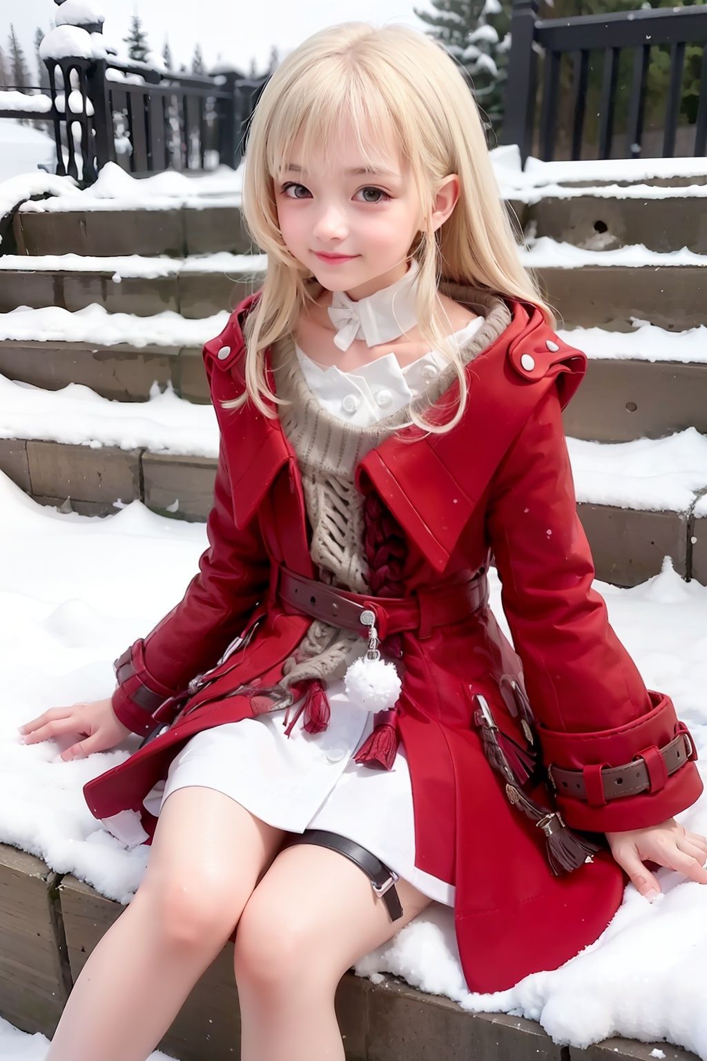 masterpiece, best quality,   <lora:klara:1>,<lora:yc:0.3>,1girl,(white hair:1),long hair,red eyes,red coat,white shirt,long sleeves, dress,thigh strap,outdoors,snow,blush,smile,sitting, closed mouth, 