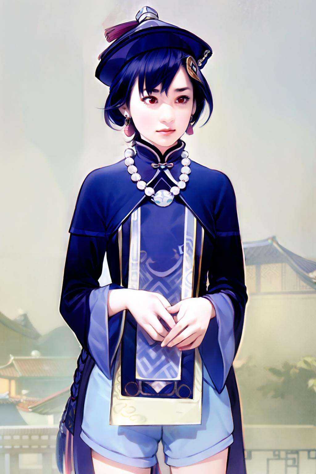 masterpiece, best quality, <lora:style16:1>,<lora:qiqi:0.8>,1girl,ofuda,jiangshi,qing guanmao,braid,blue hair,long hair,red eyes,hair ornament,earrings, bead necklace, jewelry, long sleeves, wide sleeves,chinese clothes, shorts,