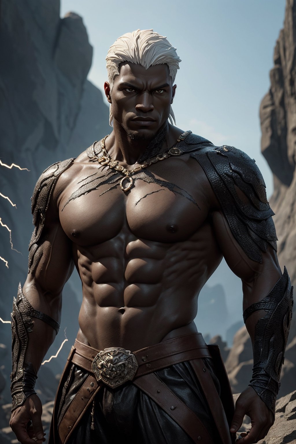 ((masterpiece,  best quality)),  A remarkable masterpiece showcases a magnificent black humanoid sculpted from solid rock...