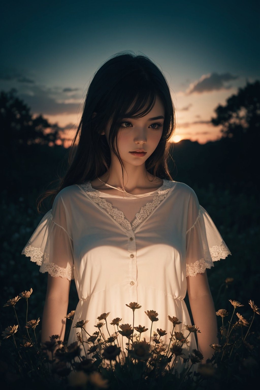 ghost silhouette woman,  flowers,  cinematic on Tensor.Art